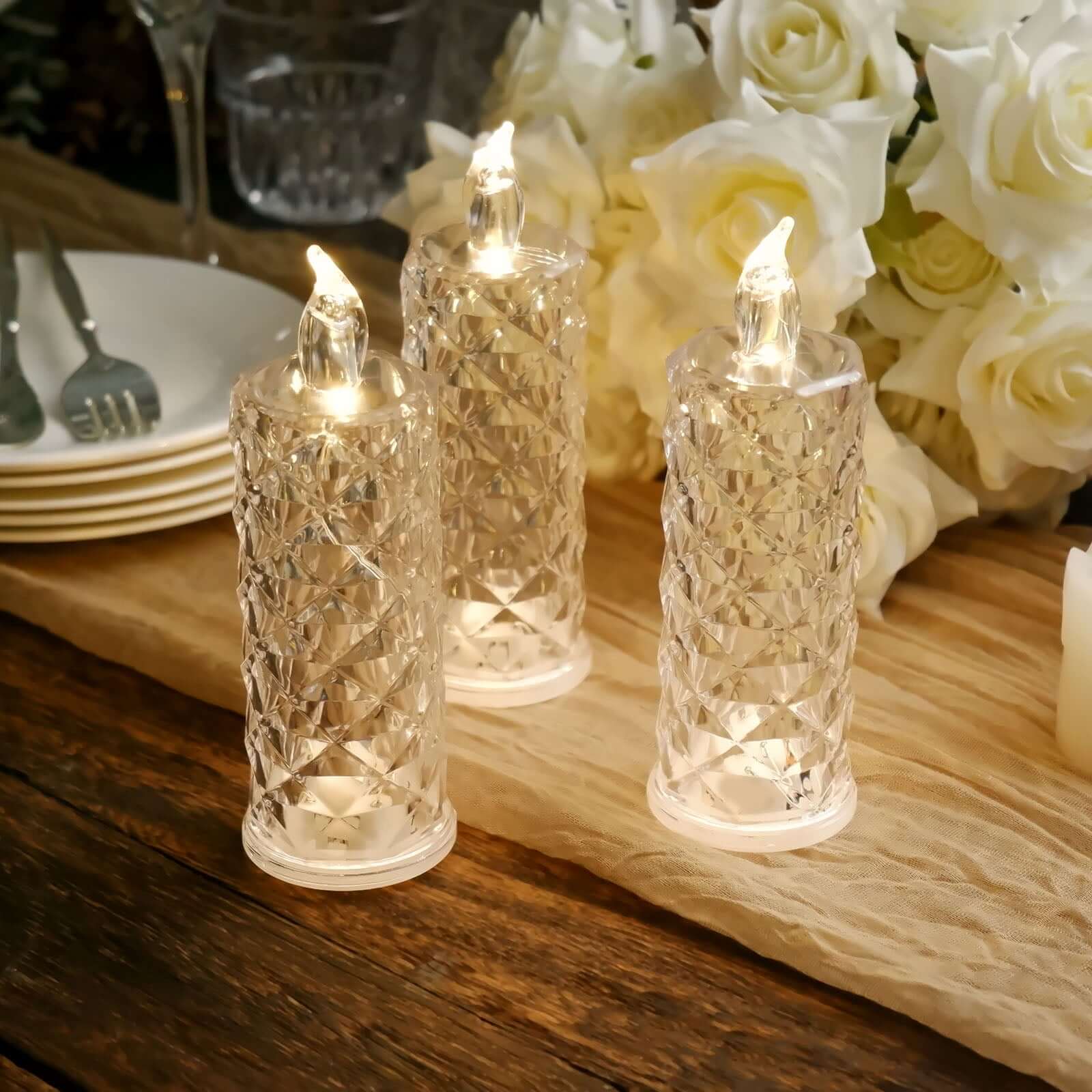 3 Pack Warm White LED Rose Halo Battery Operated Candle Lamps, Acrylic Diamond Pillar Flameless Candle Light 6