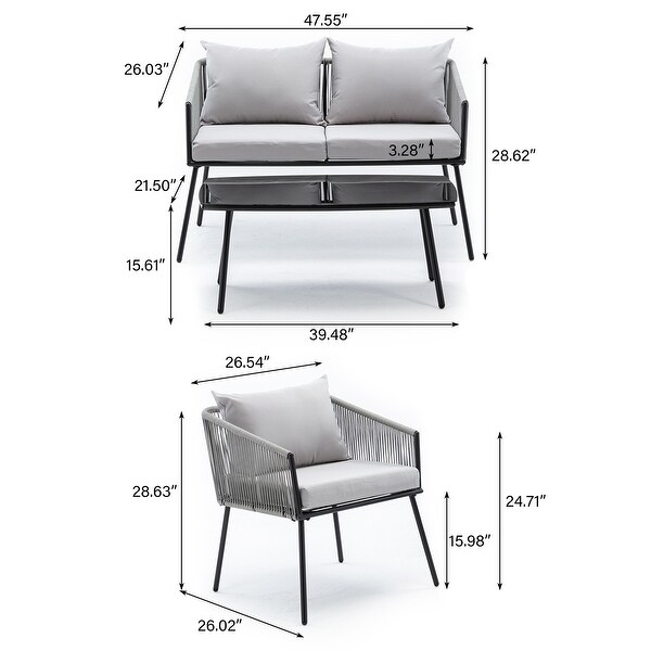 4-Person Seating Group Patio Sofa Conversation Sets Iron Frame and Rope Weaving with Cushions and Tempered Glass Table - Overstock - 37853225