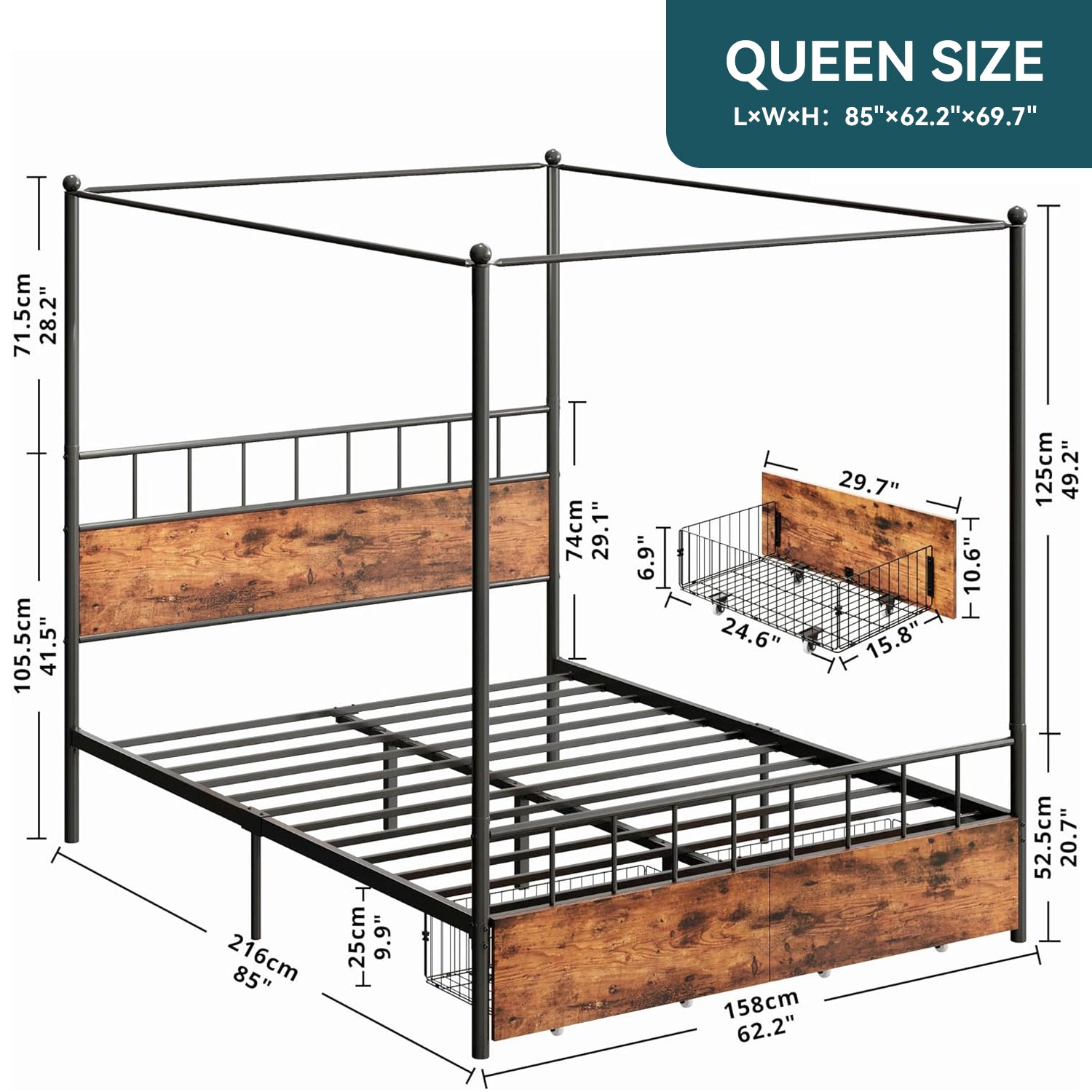 Canopy Bed Frame with Wooden Headboard and 2 Drawers, Industrial Style Bed Frame with 4 Removable Sturdy Posts, Vintage Brown