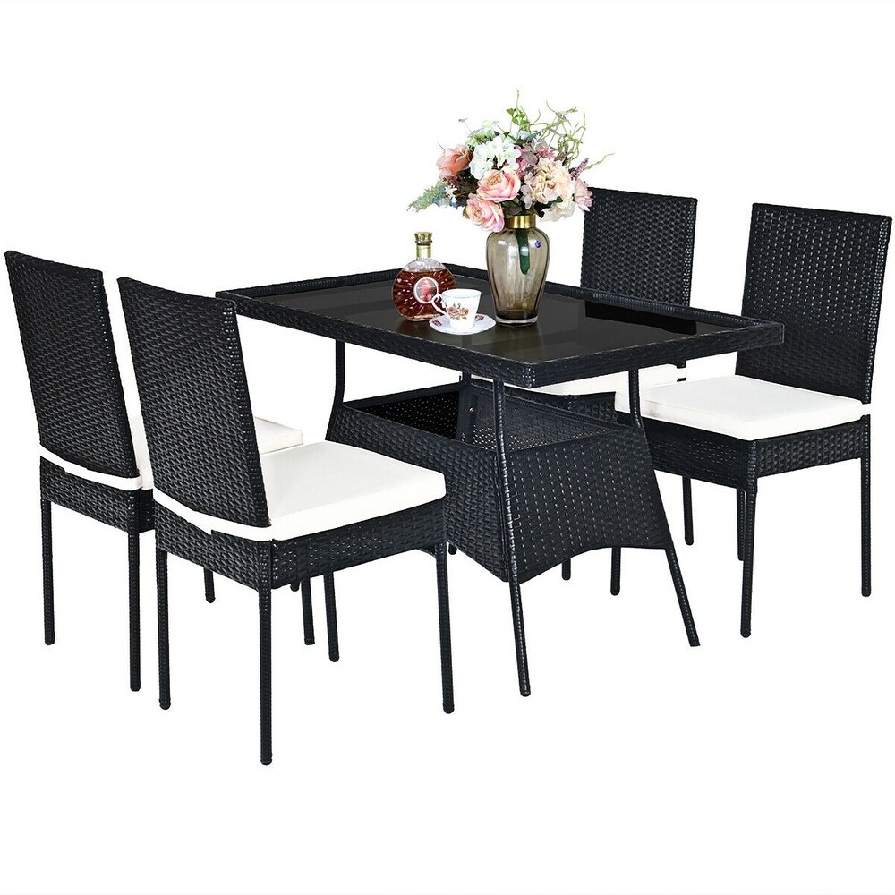 Costway 5PCS Patio Rattan Dining Set Table w/Glass Top Garden   See Details