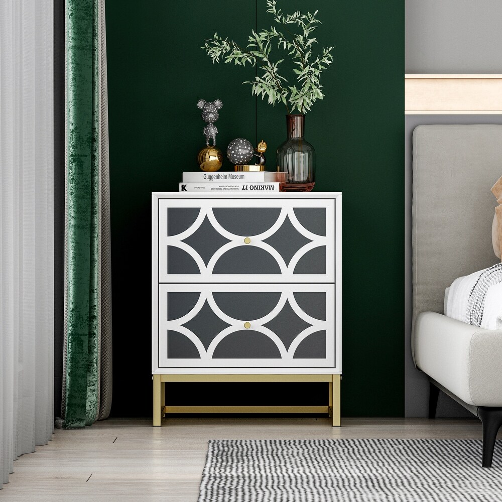 White Mirrored Nightstand with Gold Legs  2 Drawer Small Bedside Table  Side Table with Storage for Bedroom  Living Room