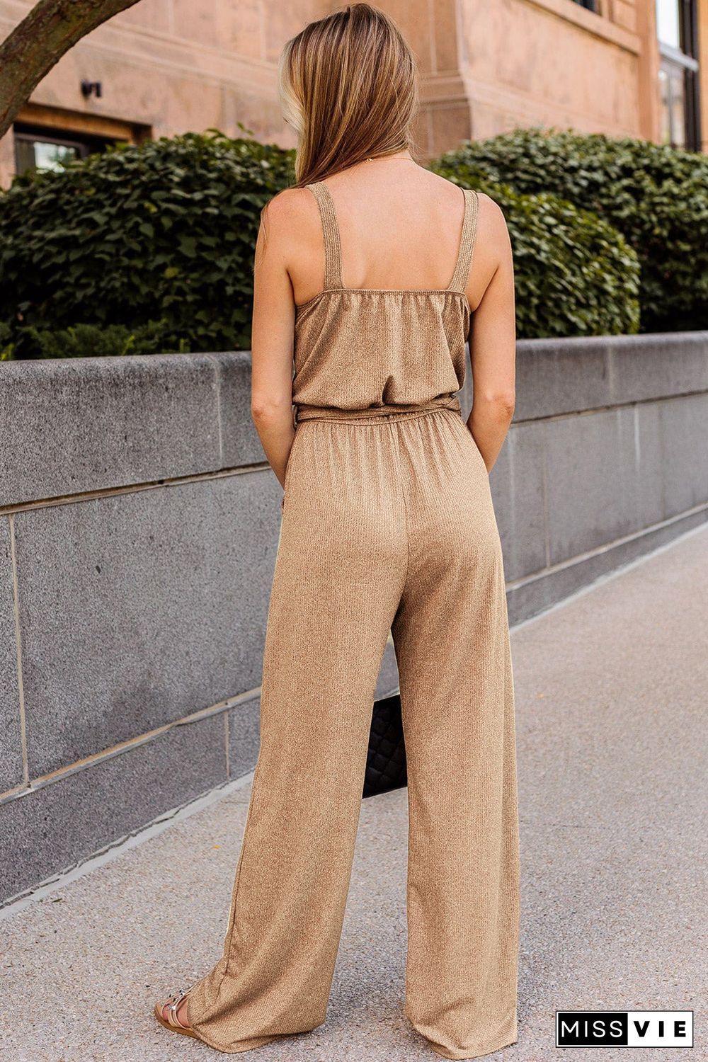 Apricot Casual Sleeveless Buckle Sash Knit Jumpsuit