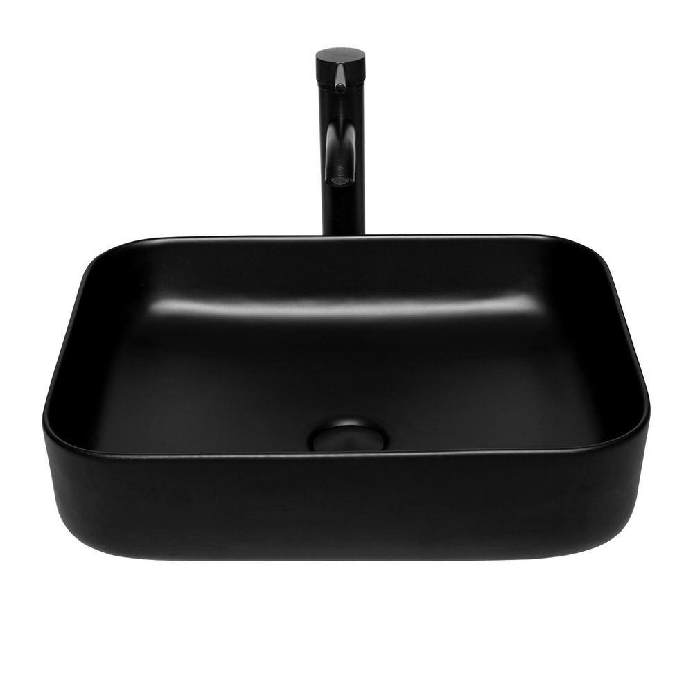 Puluomis Black Ceramic Rectangular Vessel Sink with Unique Full Black Design with Black Faucet Pop up Drain Set US-BG1008