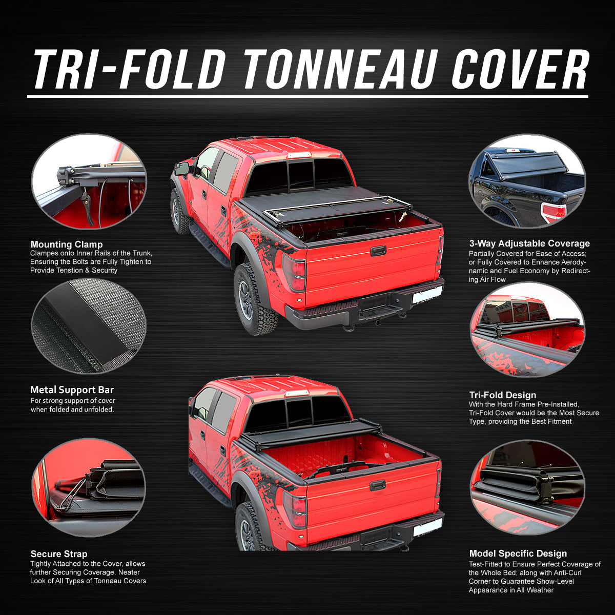 DNA Motoring TTC-TRISOFT-082 For 2020 to 2021 Jeep Gladiator Pickup Truck Bed Soft Top Folding Tri-Fold Tonneau Cover