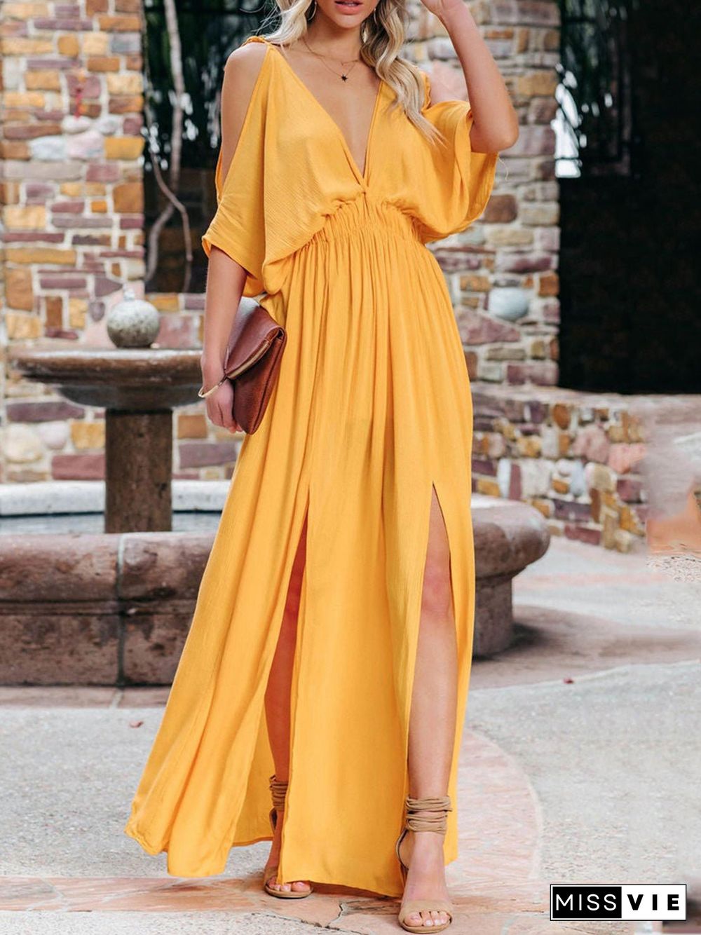 Women'S Dresses V-Neck Straps Off-Shoulder Slit Dress