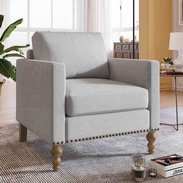 Mid Century Classic Linen Armchair Accent Chair with Bronze Nailhead Trim Wooden Legs Single Sofa Couch