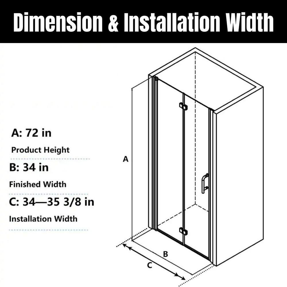 TOOLKISS 34 to 35-1332 in. W x 72 in. H Bi-Fold Frameless Shower Doors in Black with Clear Glass BFH34MB