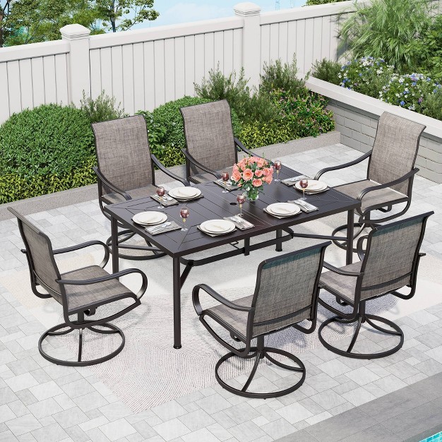 7pc Outdoor Dining Set With Swivel Sling Chairs amp Large Metal Rectangle Table With Umbrella Hole Gray Captiva Designs