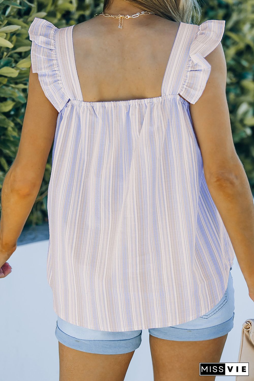 Sky Blue Embroidered Square Neck Striped Tank Top