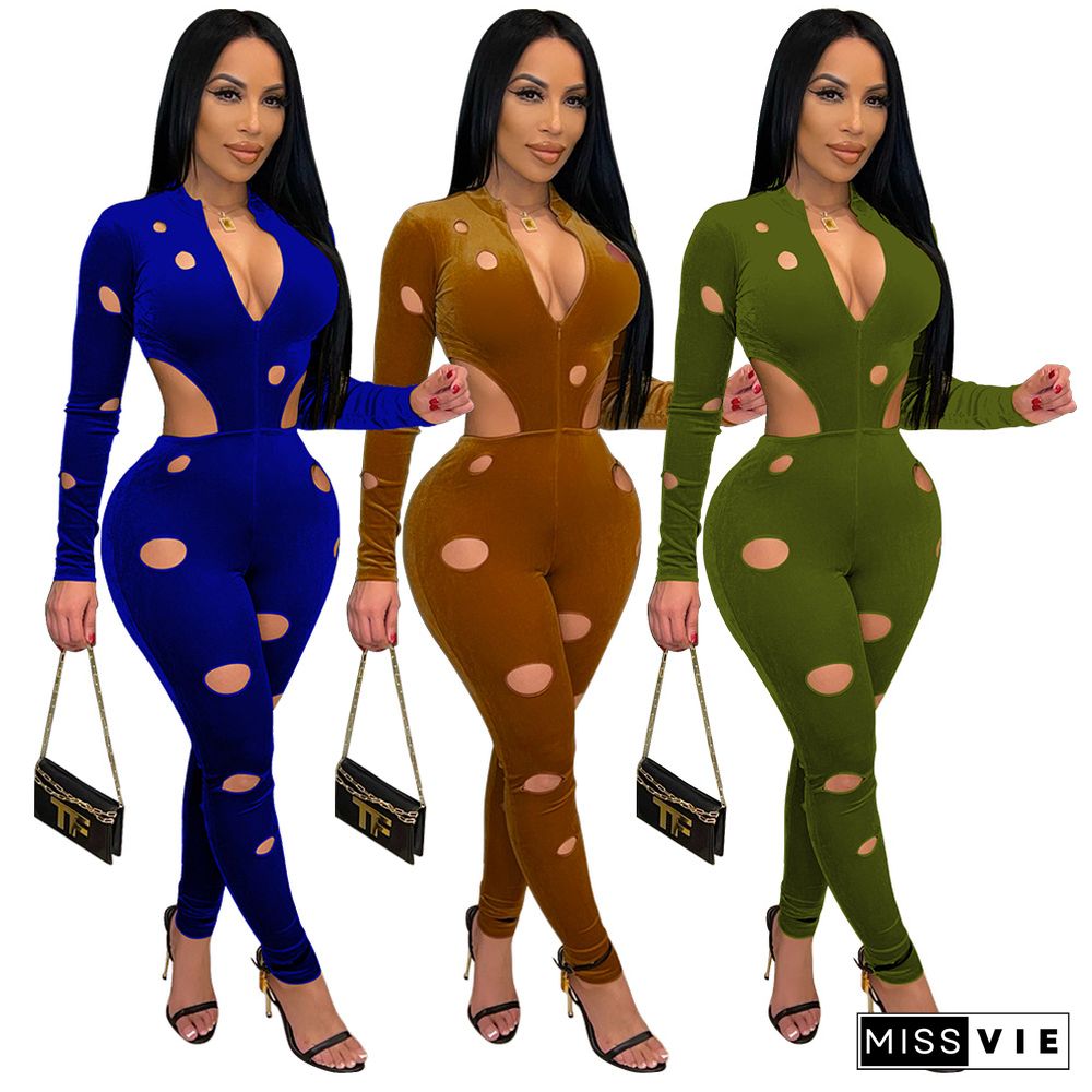 Hollow Hole Long Sleeve Bodycon One Piece Jumpsuit