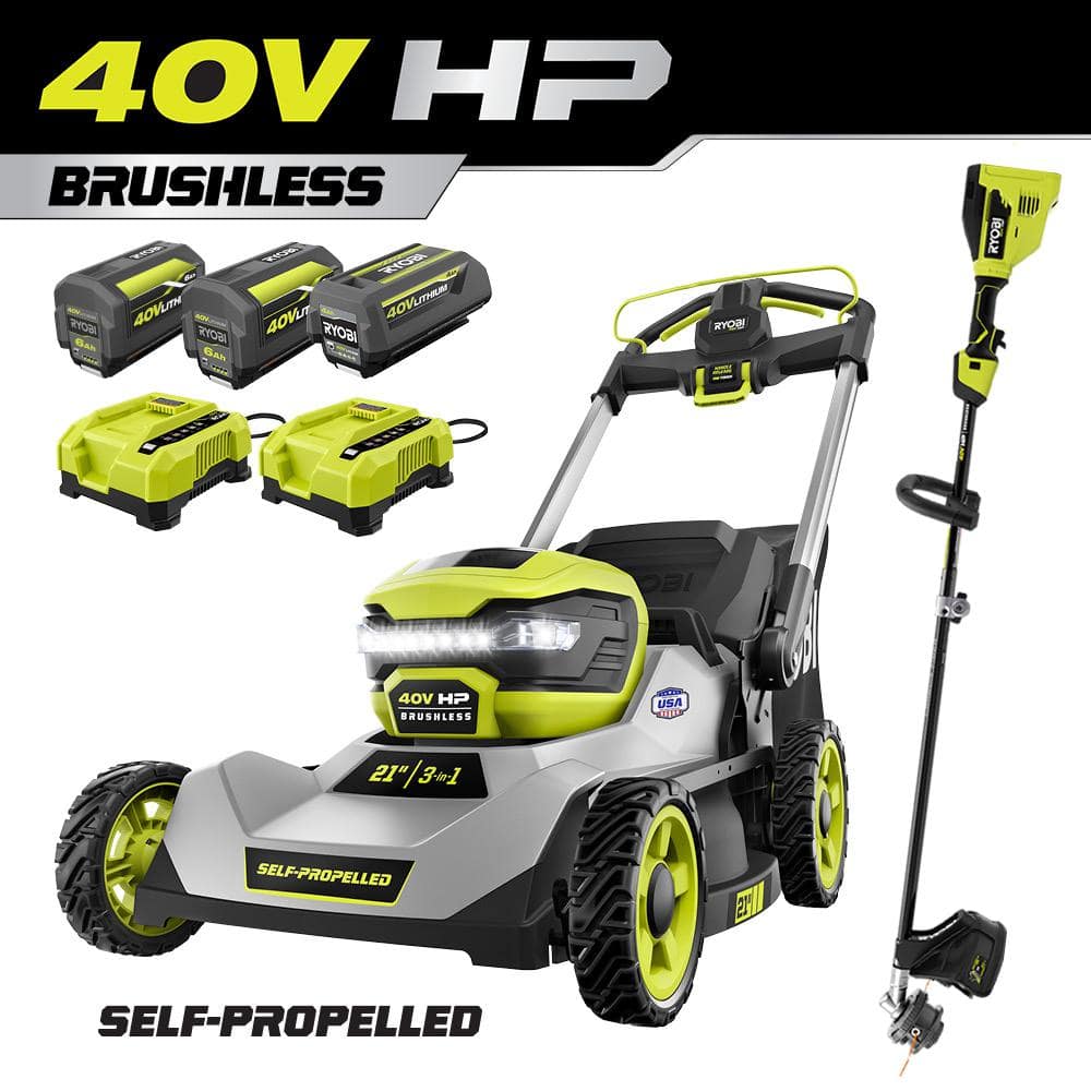 RYOBI 40V HP Brushless 21 in. Cordless Walk Behind Self-Propelled Lawn Mower & Trimmer - (3) Batteries/(2) Rapid Chargers RY401140-4X