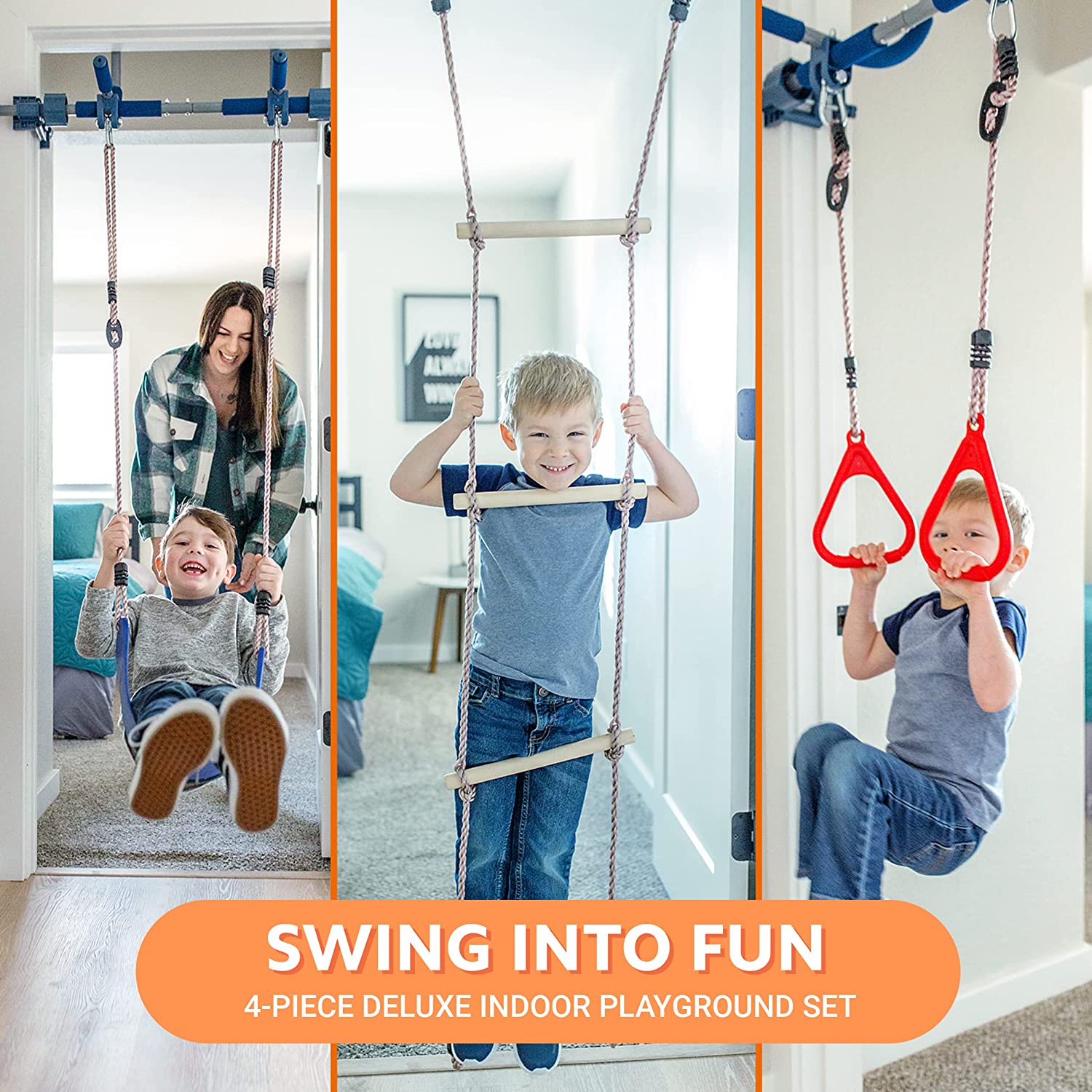 6 Piece Indoor Doorway Gym Set for Kids – Indoor Swing for Kids Includes Kids Swing Chair, Rings, Hanging Trapeze, Ladder, Swinging Rope & Pullup Bar