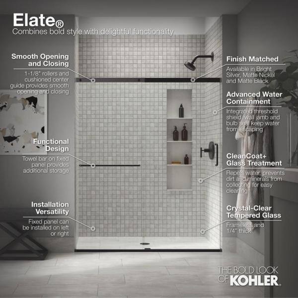 KOHLER Elate 59.625 in. W x 70.5 in. H Sliding Frameless Shower Door in Matte Black with Crystal Clear Glass K-707608-6L-BL