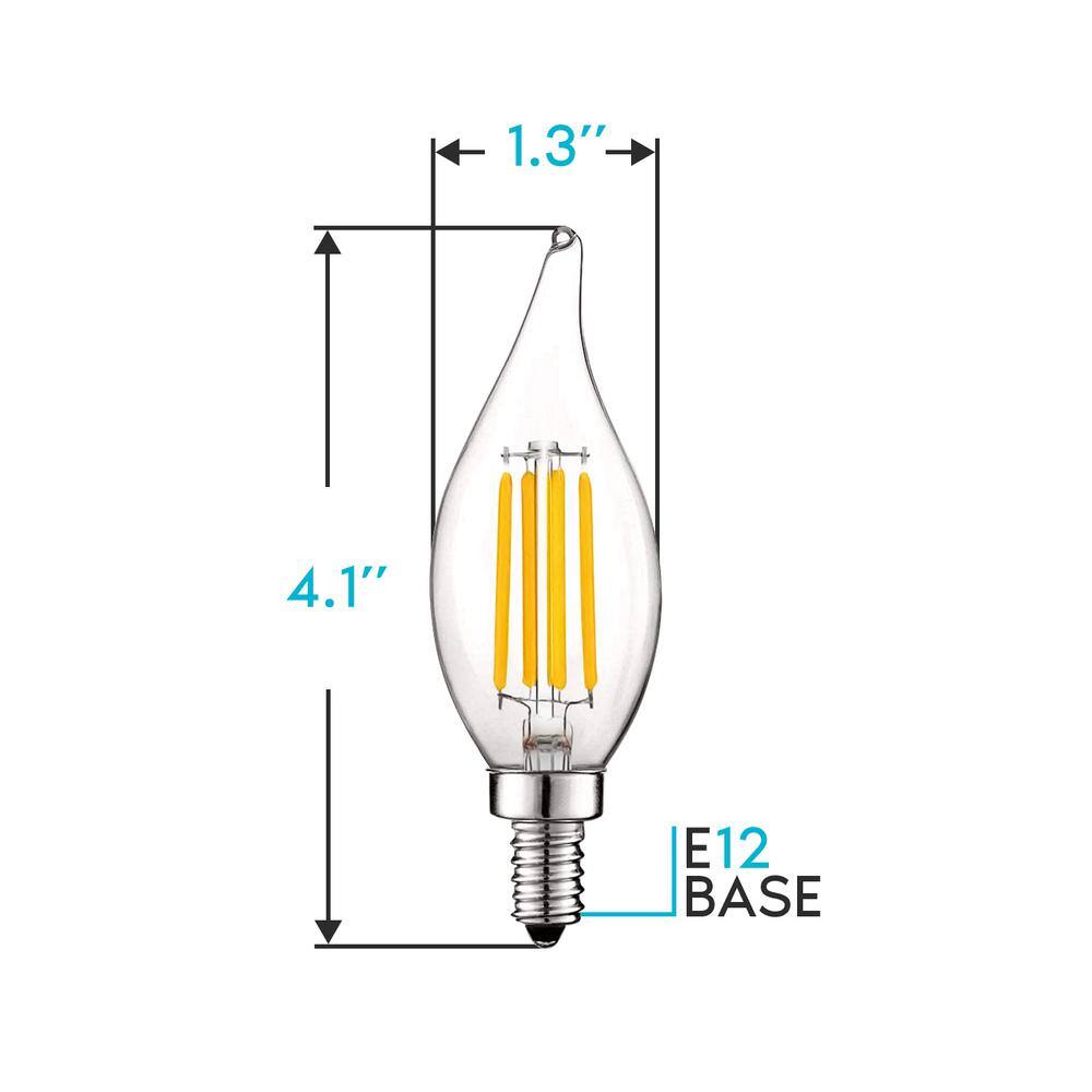 LUXRITE 60-Watt Equivalent CA11 Dimmable LED Light Bulbs Flame Tip Clear Glass Filament 2700K Warm White (12-Pack) LR21593-12PK