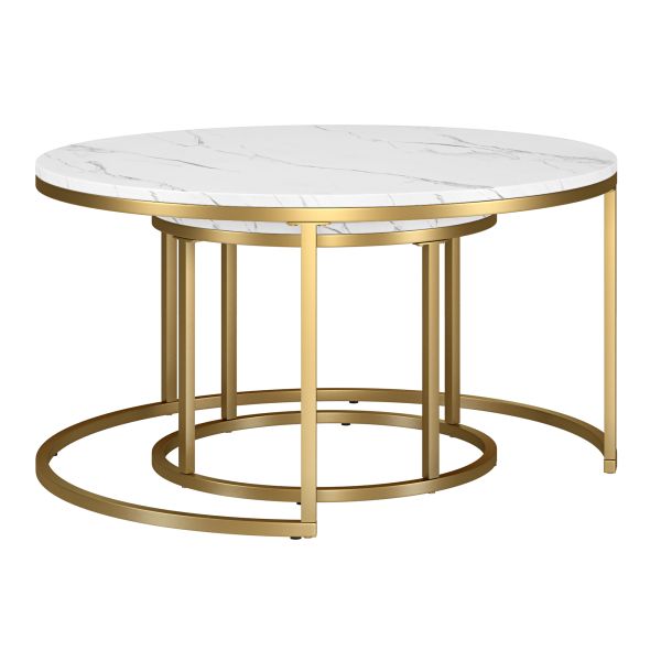 Watson Round Nested Coffee Table with Faux Marble Top in Gold