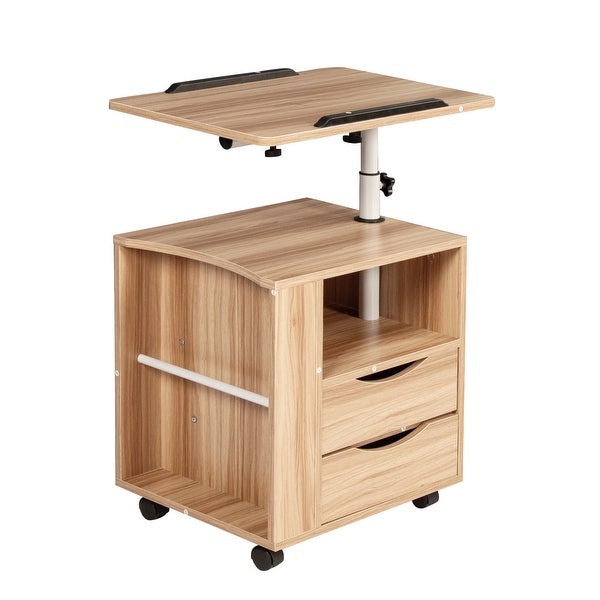 Height Adjustable Overbed End Table Wooden Nightstand with Swivel Top Storage Drawers Wheels and Open Shelf