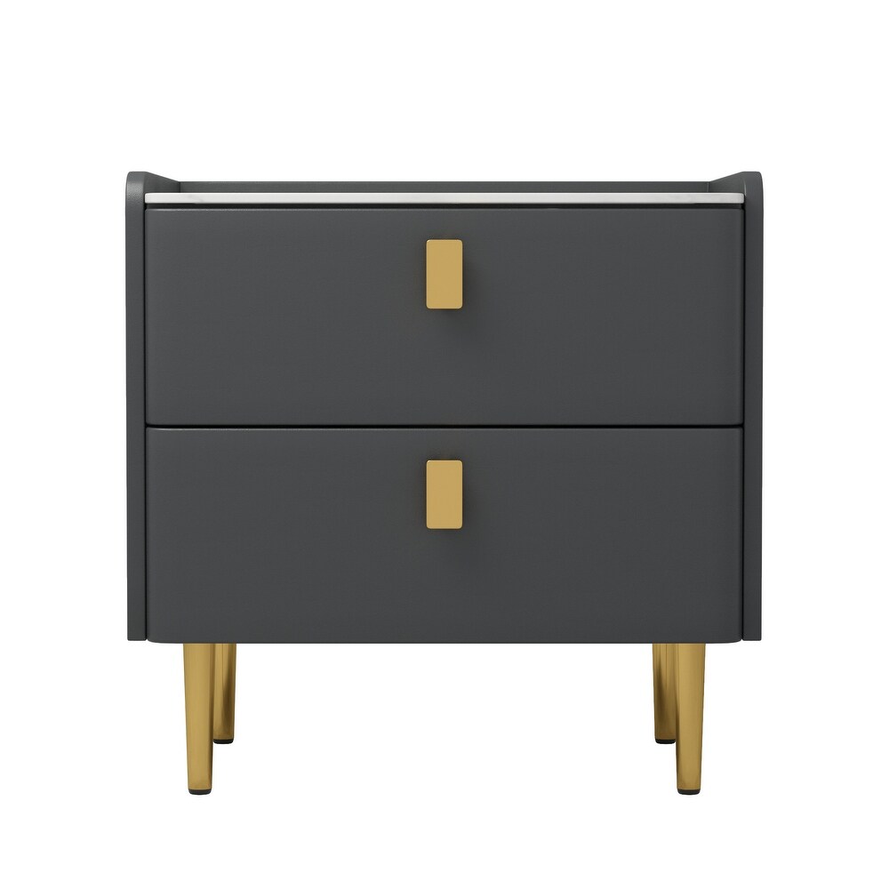 Modern Upholstered Gold plated Metal Nightstand with Stone Tabletop