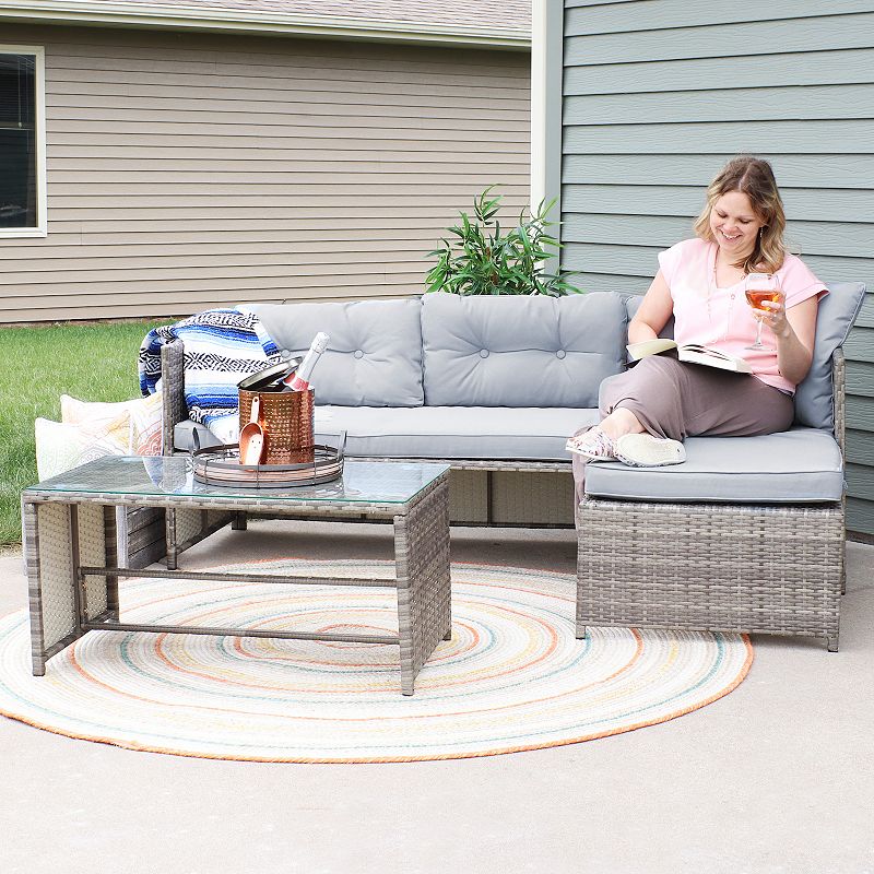 Sunnydaze Longford Rattan Patio Low-Back Chaise Sectional Set - Stone Gray