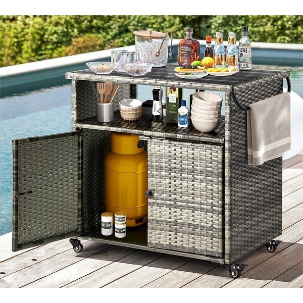 AECOJOY Outdoor Wicker Bar Cart w/Wheels and Shelf Patio Bar Table