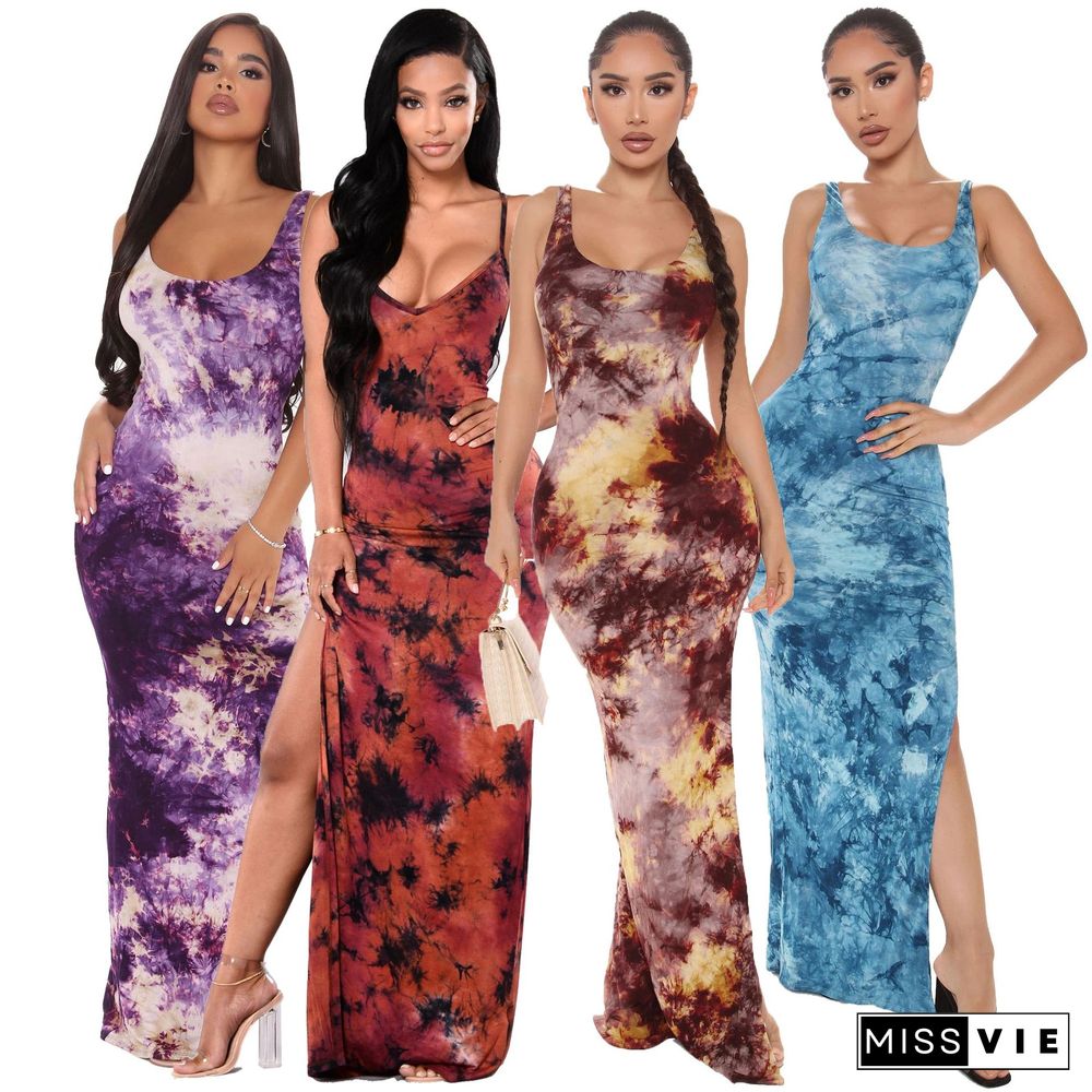 Hot Sales Women Summer New Tie Dye Print Sleeveless Bodycon Classic Beach Holiday Long Dresses