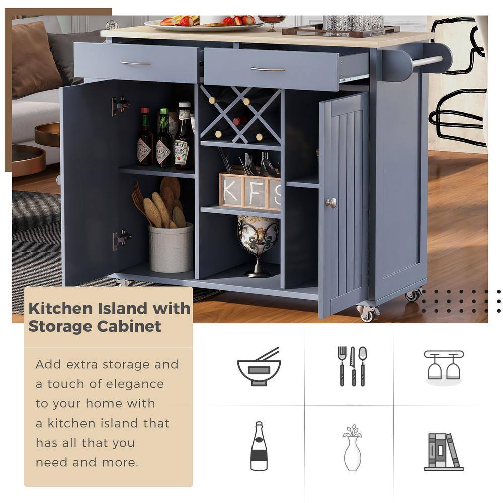 Tileon Gray Blue Wood Table Top 48 in. W Kitchen Island with Drawers 2 Storage Cabinets and Locking Wheels Wine Rack Spice Rack WYHDRA073