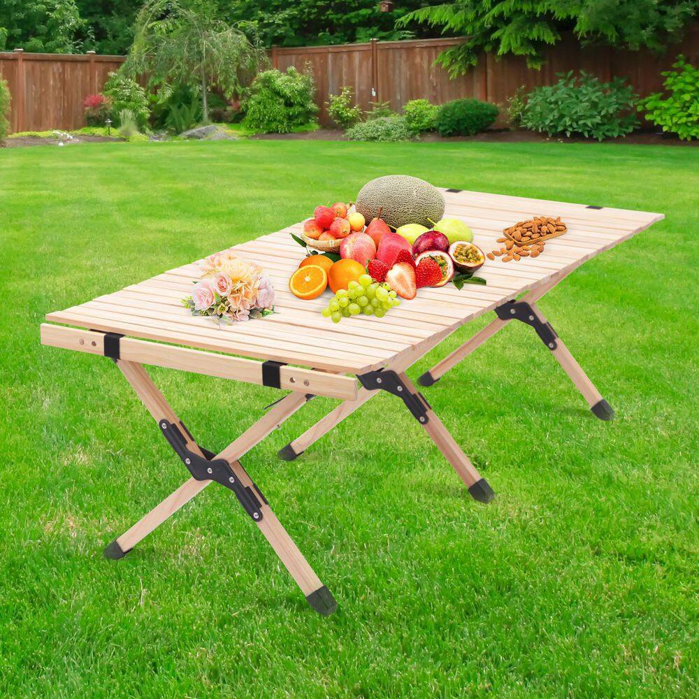 YIYIBYUS Rectangular Wood Outdoor Portable Foldable Picnic Table Original Wood Color DLDB88O400-1