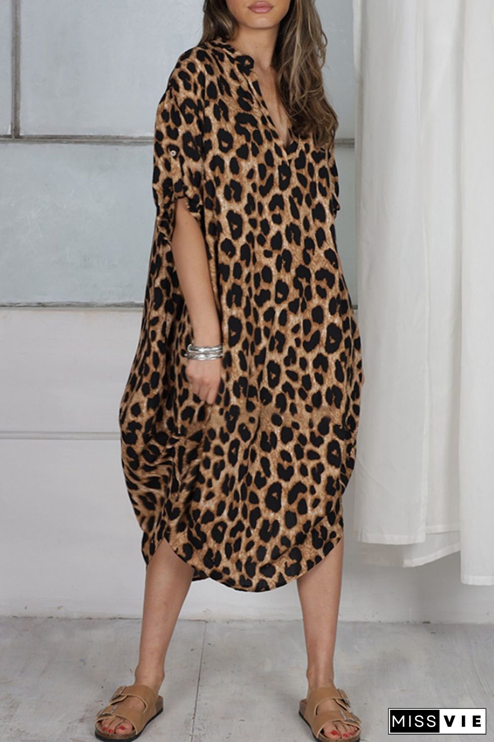 Camel Casual Print Leopard Patchwork V Neck Printed Dress Dresses