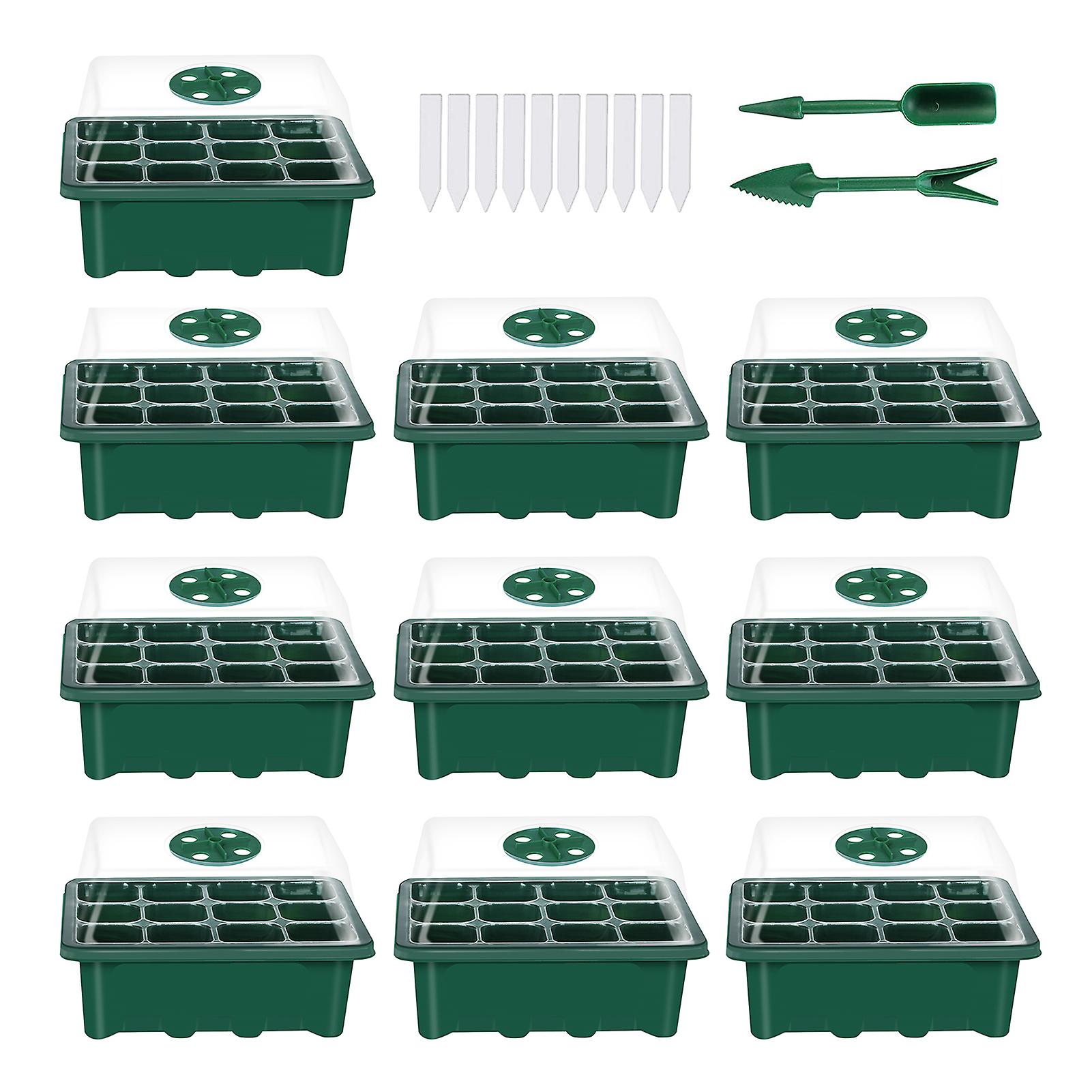 List10 X Seed Trays，10 X Watertight Base Tray，10 X Humidity Lid Dome，10 X Plant Label，2 X Small Garden Tools