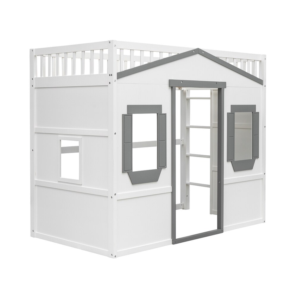 House Loft Bed Twin Kids Playhouse Bed  Solid Wood Loft Bed Frame with Window and Ladder  for Girls Boys  White+Grey