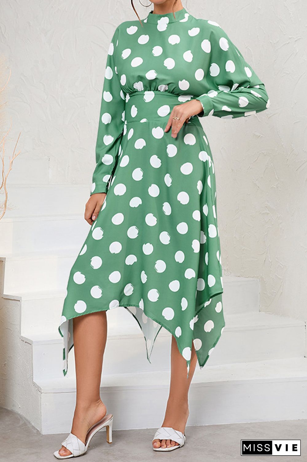 Long Sleeve High Waist Polka Dot Dress