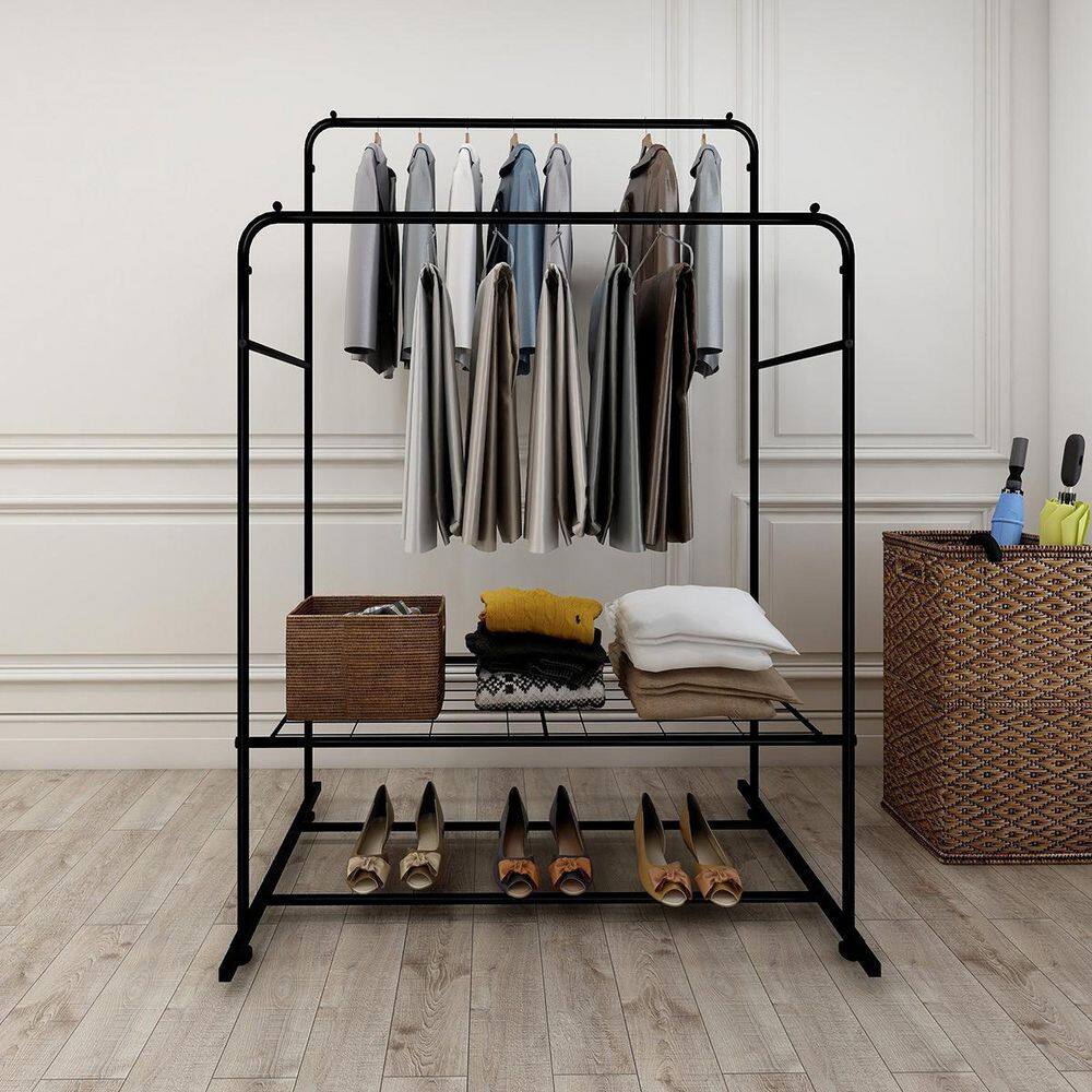 Amucolo Black Freestanding Hanger Double Rods Multi-Functional Bedroom Clothing Rack YeaD-CYD0-F2U