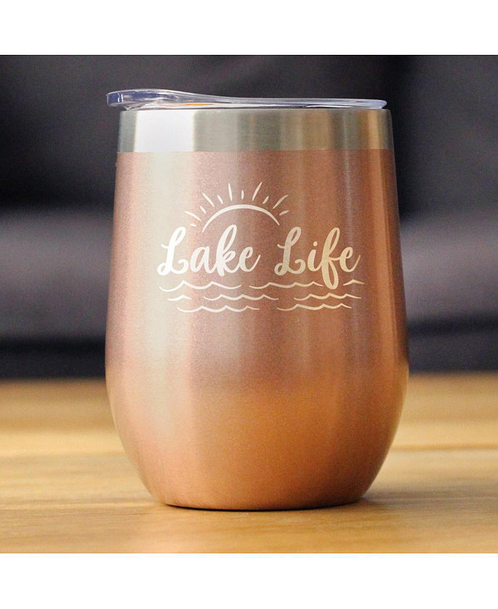 Bevvee Lake Life - Wine Tumbler with Sliding Lid - Stemless Stainless Steel Insulated Cup - Cute Outdoor Camping Mug