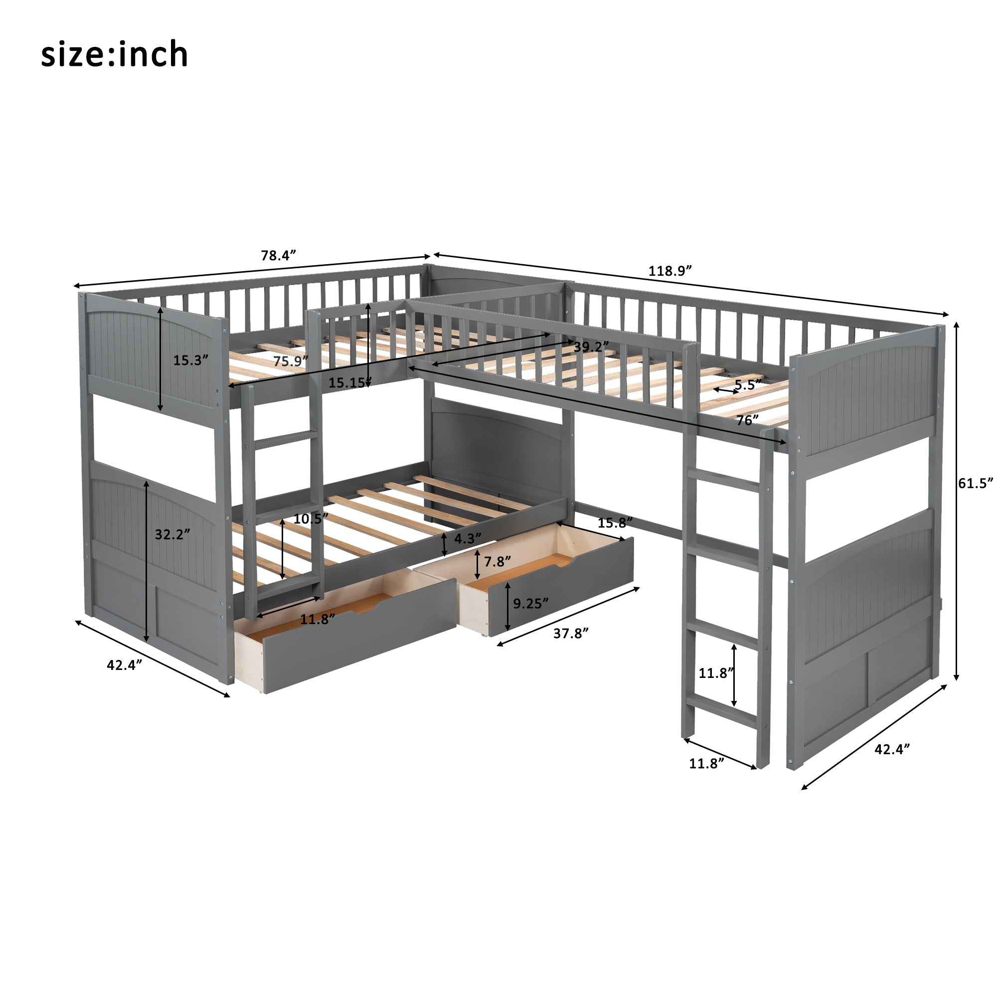 Euroco Wood Bunk Bed Storage, Twin-Over-Twin-Over-Twin for Children's Room, Gray