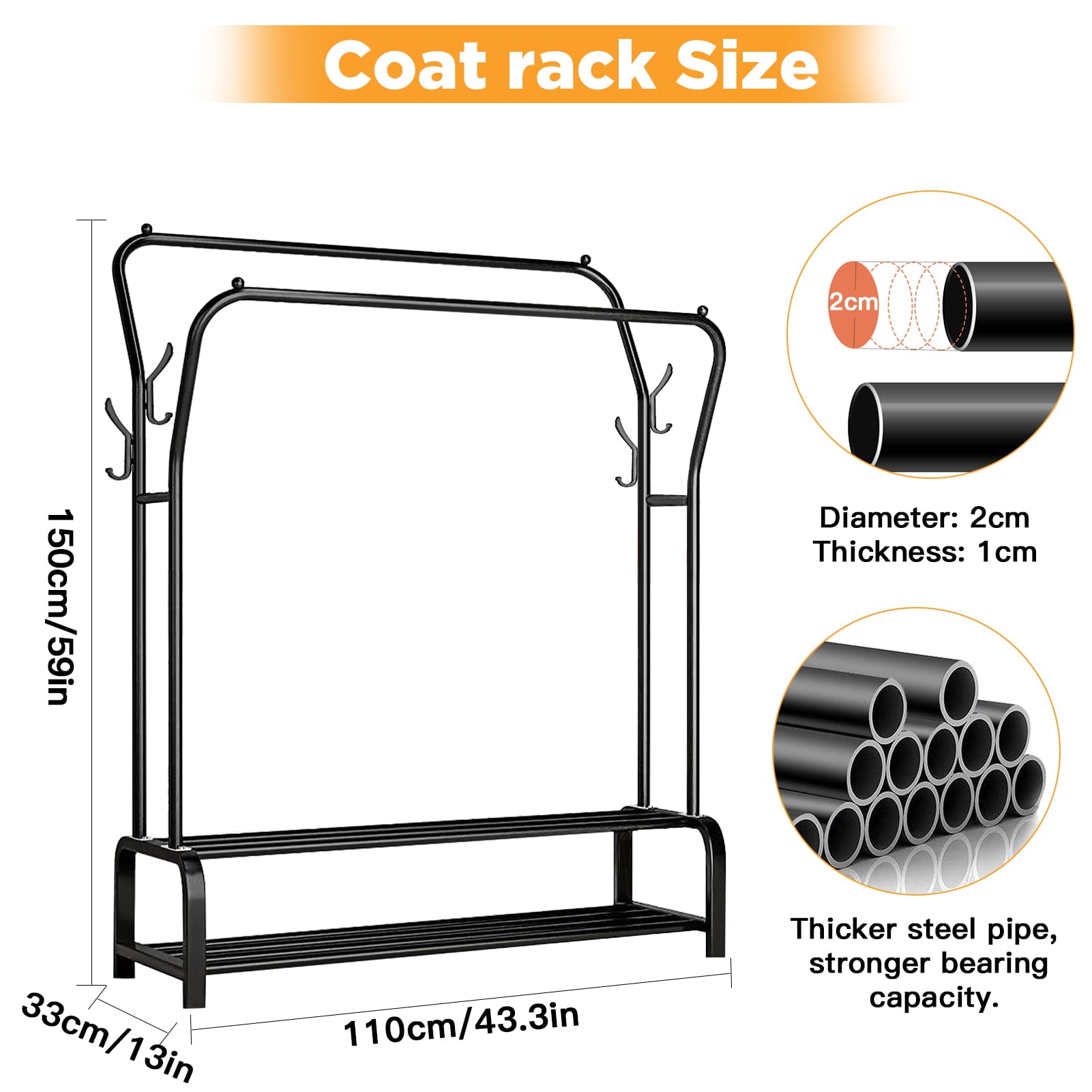 WELHOME Clothing Garment Rack Heavy Duty Freestanding Metal Clothes Stand Double Rail 8 Hangers 2 Shoe Shelves, Black