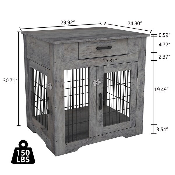 Mieres Double Door Wooden End Table Dog Crate with Double Doors， Indoor Pet Kennel Side Table with Storage Drawer