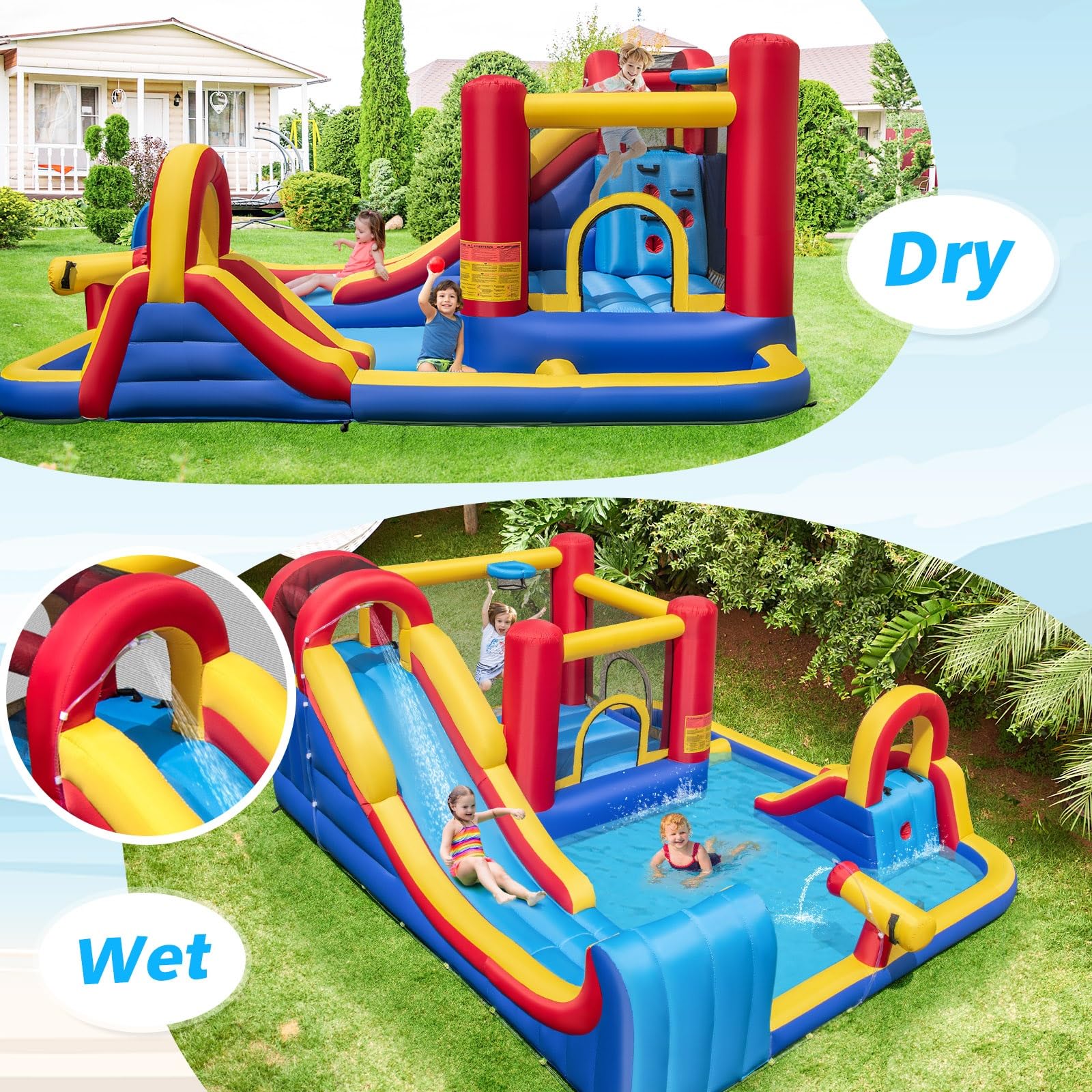 BOUNTECH Inflatable Water Slide, 7 in 1 Mega Waterslide Park Bounce House for Outdoor Fun w/Long Slide