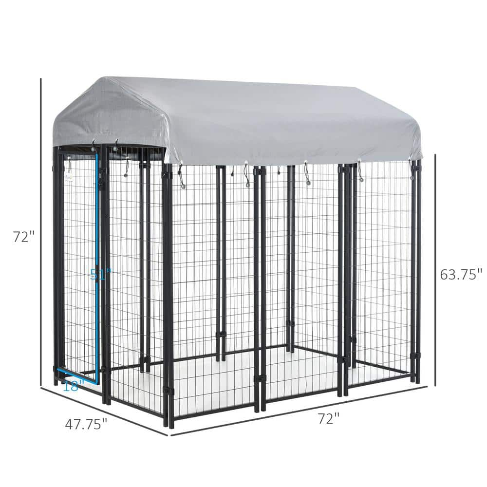 PawHut Black Steel 6 ft.  x 4 ft.  x 6 ft.  0.0005 -Acre In-Ground Dog Fence Dog Kennel Outdoor Steel Fence with Canopy D02-011V02