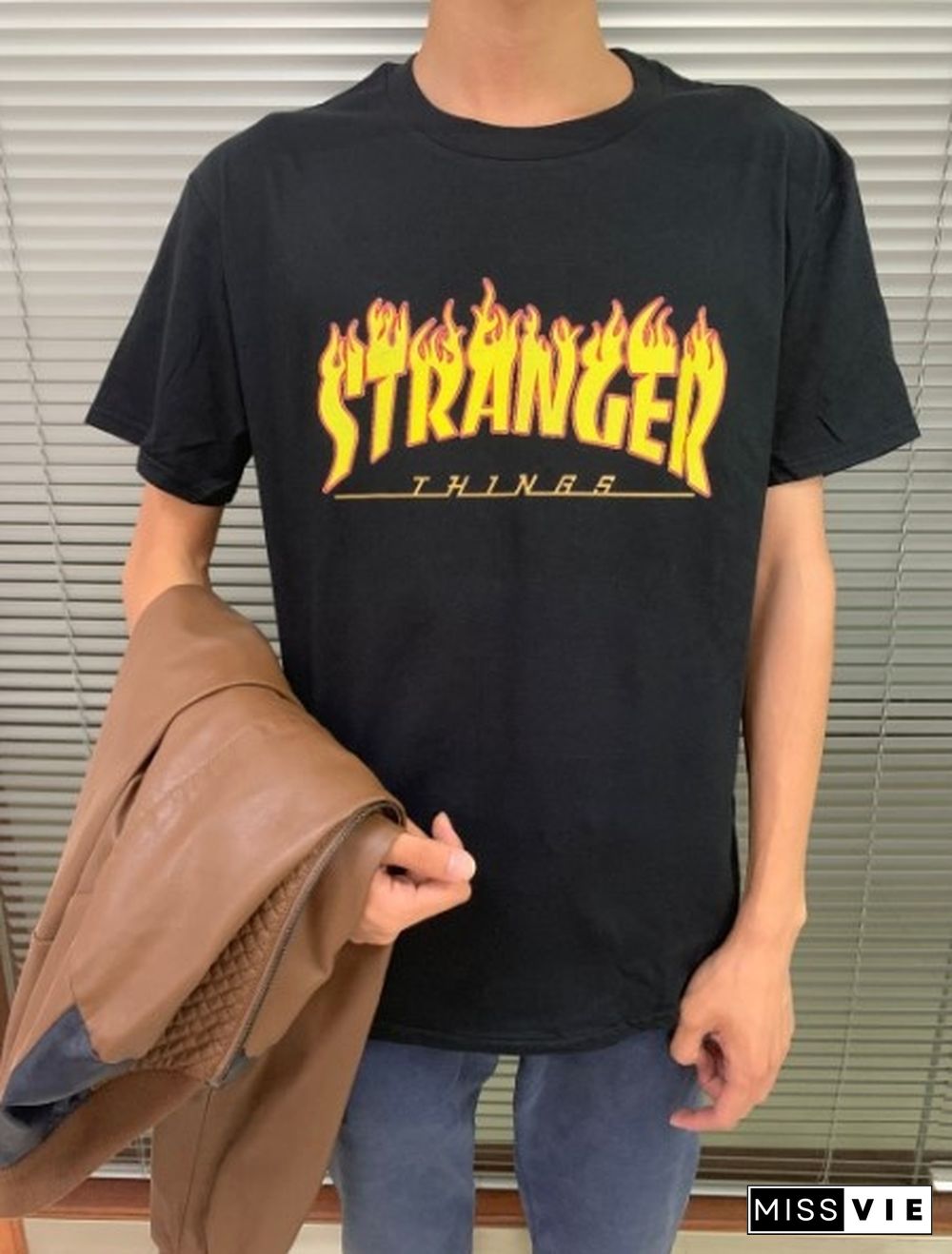 1Pcs Stranger Things Flame T Shirt Hot Topic Sleeve Men's Crew Neck Stranger Things Should I Stay Short Compression T Shirts