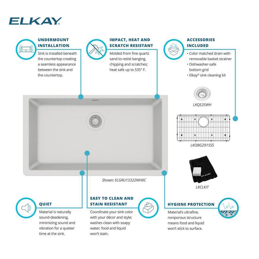 Elkay Quartz Classic White Quartz 33 in. Single Bowl Undermount Kitchen Sink with Bottom Grid and Drain ELGRU13322WH0C