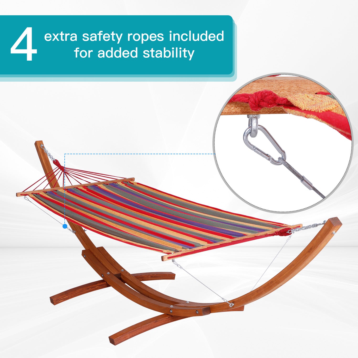 ikayaa Wide Outdoor Arch Wooden Hammock Bed with Stand featuring Modern Design Aesthetic & Water-Fighting Material - Multi-color Stripe