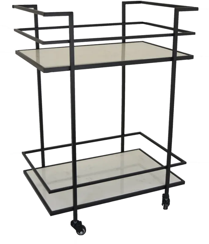 34 Inch Black and White Marble Rolling Cart