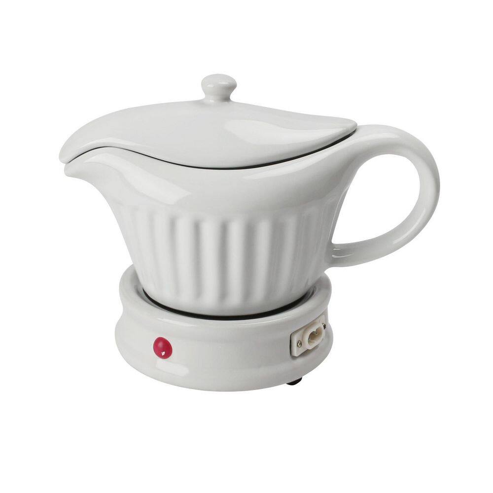 LEXI HOME 14 oz. White Ceramic Electric Gravy Boat Warmer with Lid and Detachable Power Cord LB5472