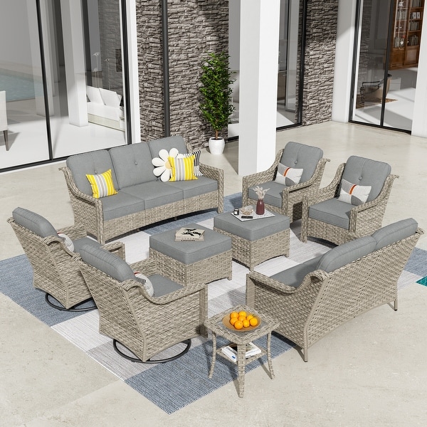 HOOOWOOO 9piece Patio Wicker Furniture Conversation Set with Swivel Chair and Loveseat Sofa