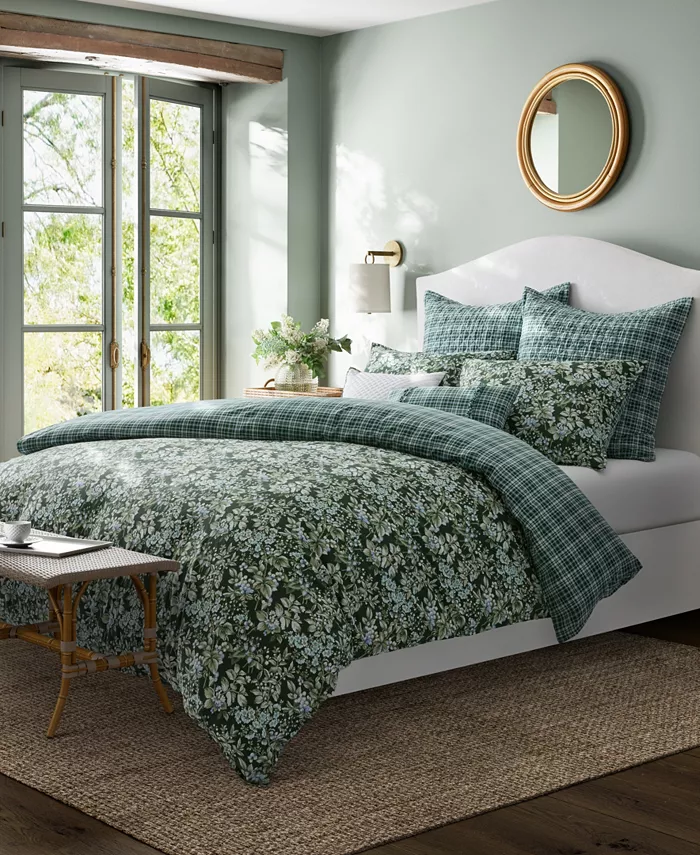 Laura Ashley Bramble Floral Cotton Reversible 7 Piece Duvet Cover Set， Full Queen