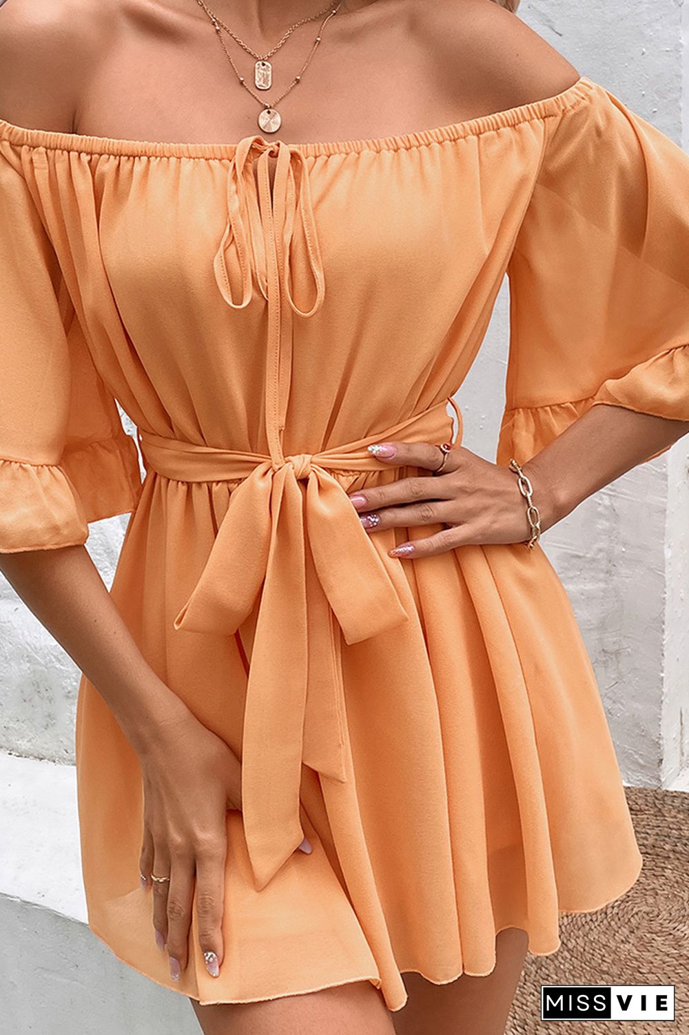 Orange CHiffon Off Shoulder Ruffle Romper