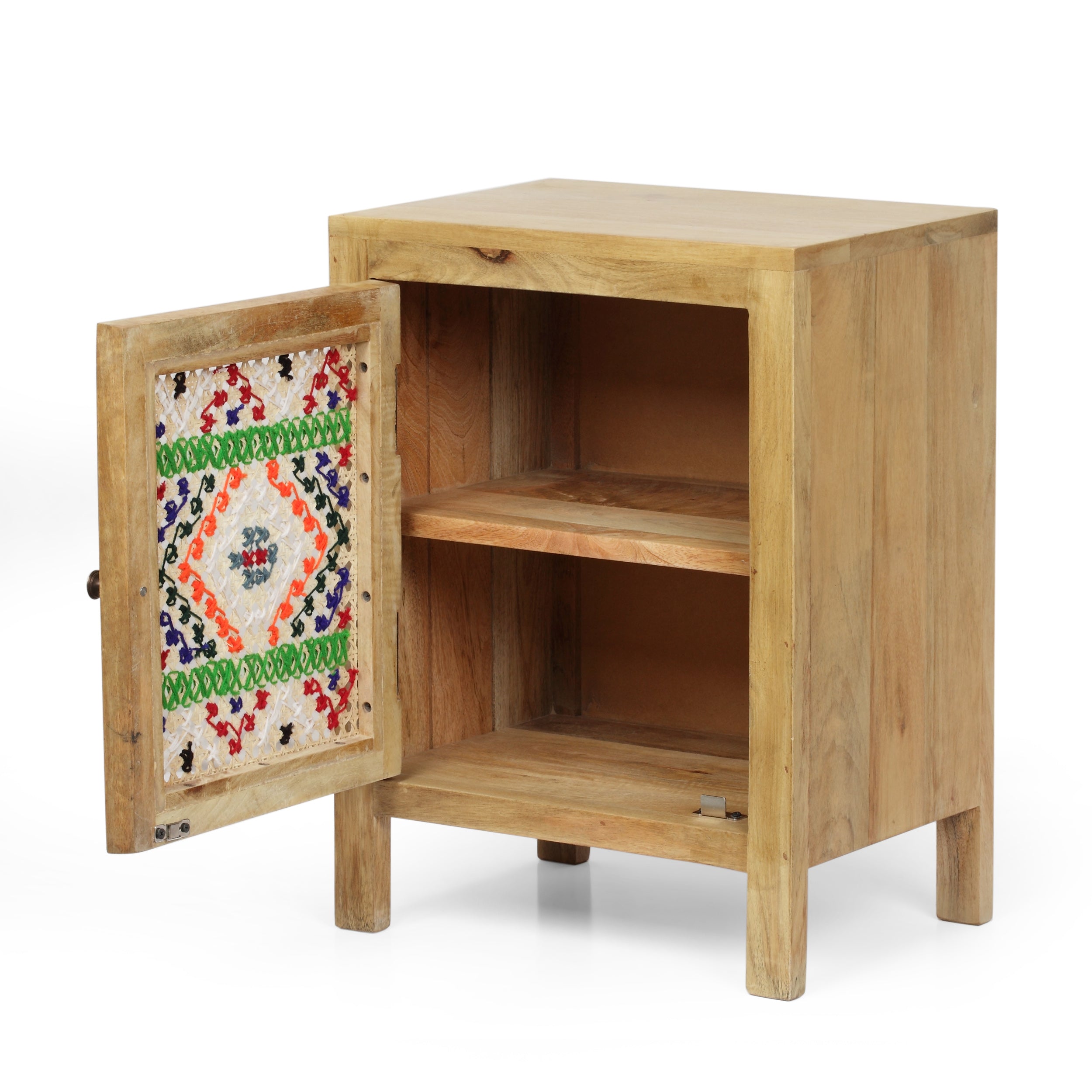 Reser Boho Handcrafted Mango Wood Nightstand with Wool Accents, Natural and Multi-Colored