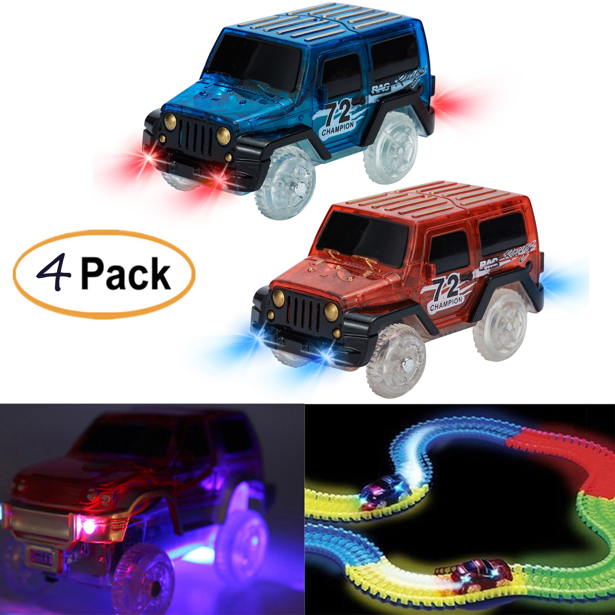 4 Pack Magic Toy Tracks Cars Light up Cars for Tracks Electronics Car Toys with Flashing Lights Toy Cars for Kid Tracks Parts Car