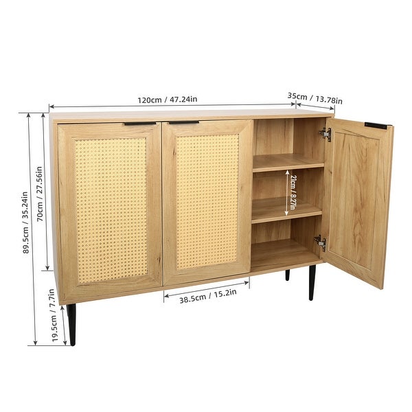 Wooden Kitchen Storage Cabinet with 3 Rattan Doors and Metal Legs