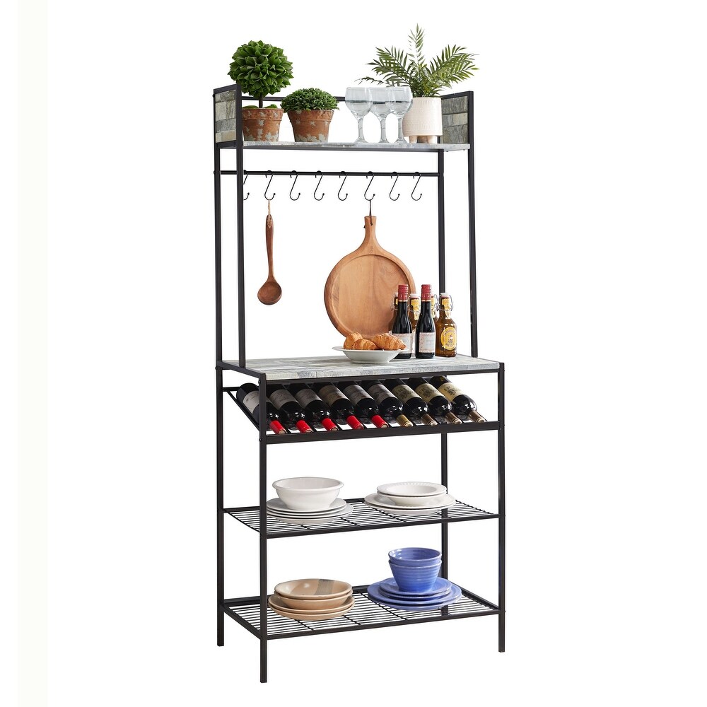 Bakers Rack with Storage Shelfs  Wine Rack and Hooks   Microwave Stand for Home Kitchen/Dining Room  Black/Gray