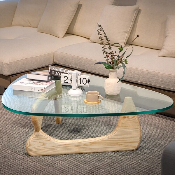 Noguchi Modern Triangle Glass Coffee Table Cherry Wood Base